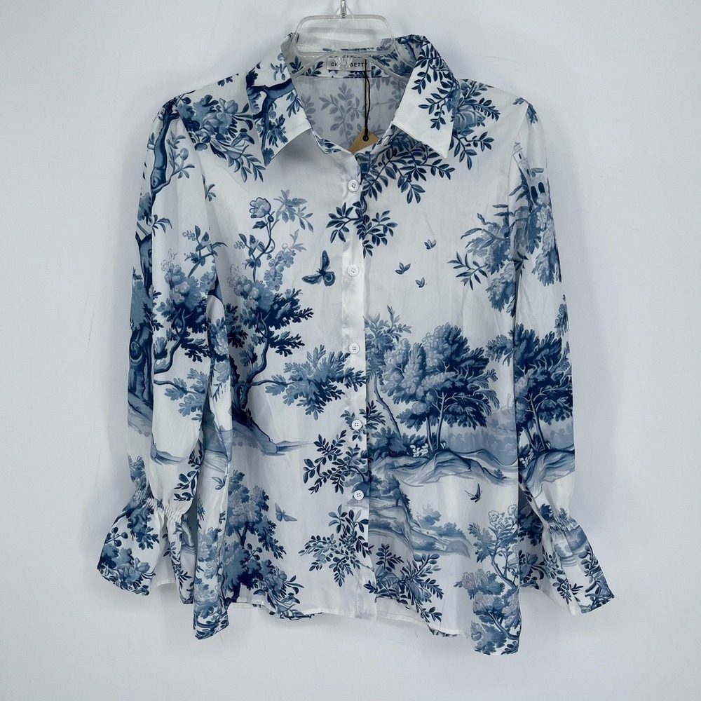 CHERRYBETTY NWT Women's Blue Toile De Jouy Smocked Cuff Button Down Shirt Size L